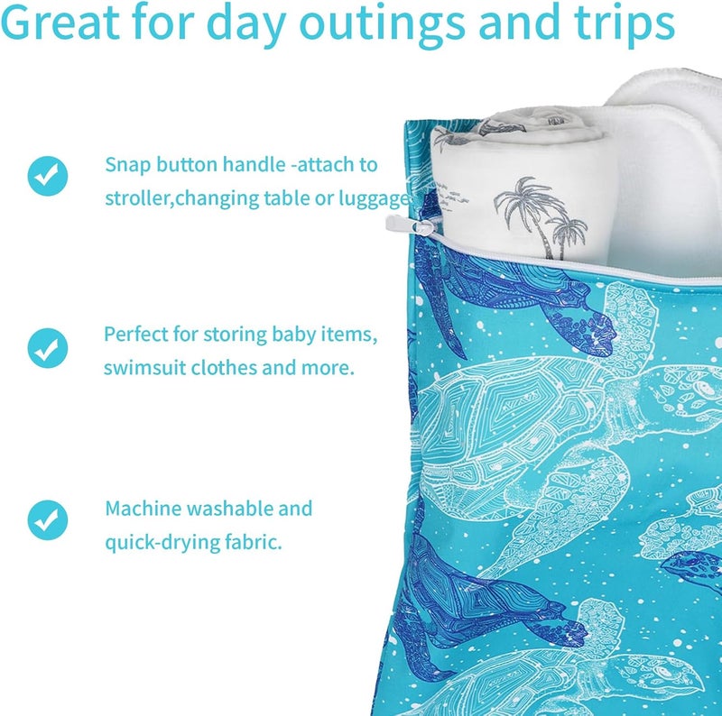 CoolaPeach 2 Pcs Wet Bags Waterproof Reusable Zippered Pocket Cloth Diaper Wet Dry Bags for Travel Beach Pool Swim, Baby Diapers,Gym Yoga Wet Clothes,Swimsuit,water wipes(Blue turtle) - Image 4